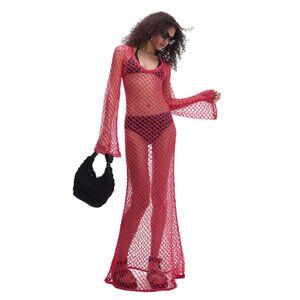 Topshop Long Sleeve Net Maxi Dress in Hot Pink